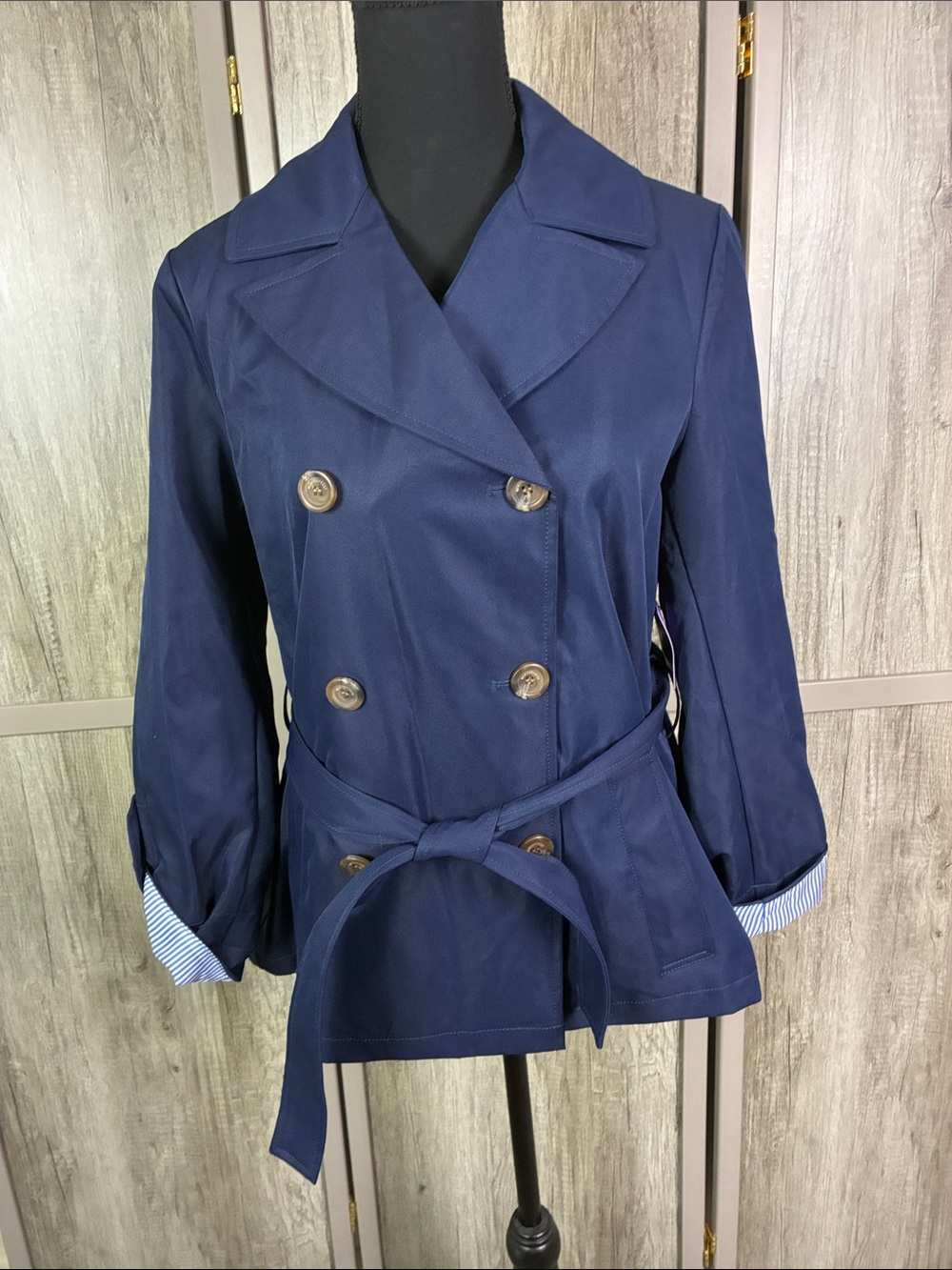 New! Weatherproof Navy Double-Breasted Trench Coat with Belt Women's XS